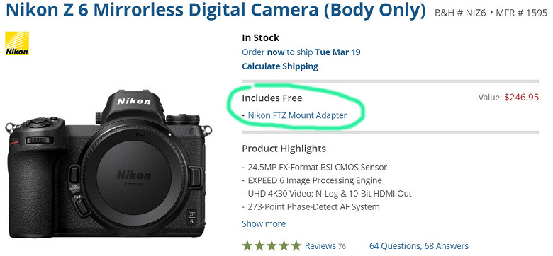 Адаптер Nikon FTZ дарма включен в комплект всех камер Z 6 и Z 7