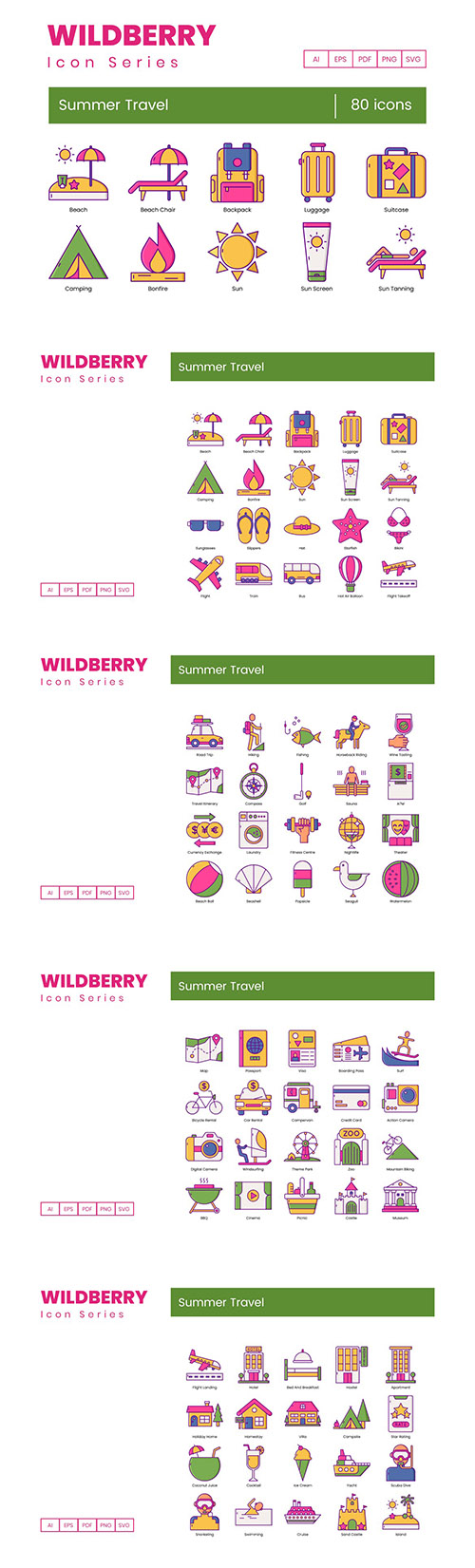 80 Summer Travel Icons | Wildberry Series